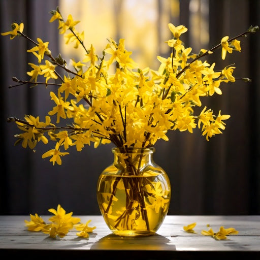 Close up of Forsythia blooms displaying in a glass vase.