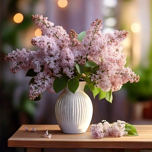 Close up of purple lilac blooms branches display in a white ceramic vase the background is blurred.