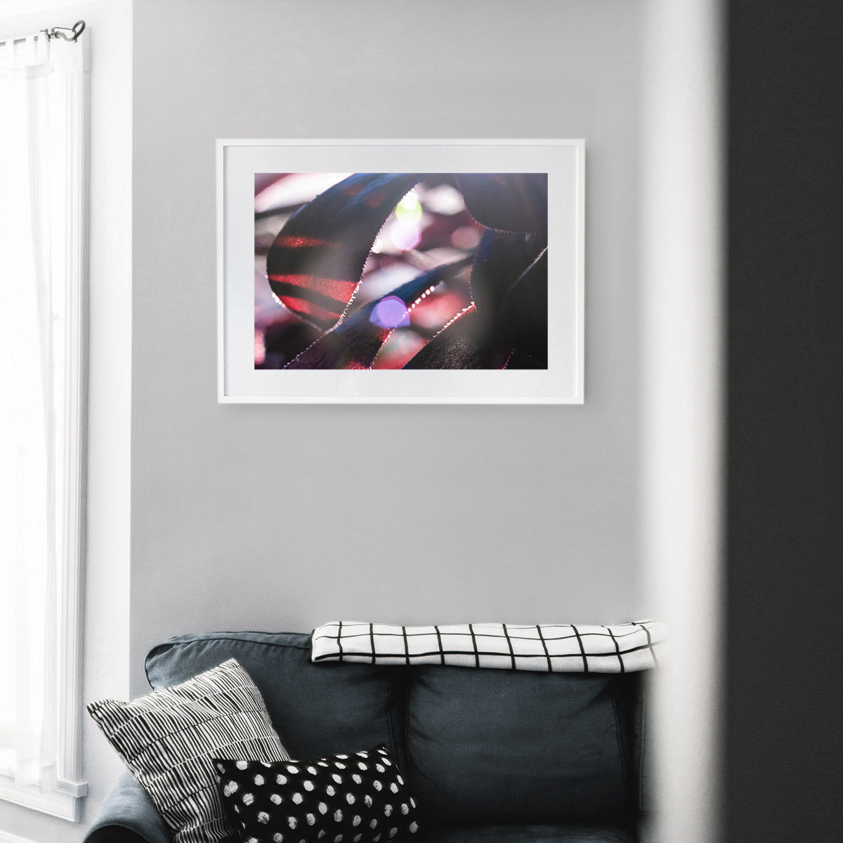 Close-up of Aeonium Schwarzkopf succulent with dark purple-black rosette-shaped leaves and sun flares in the background, displayed as wall art in a stylish modern living room setting.